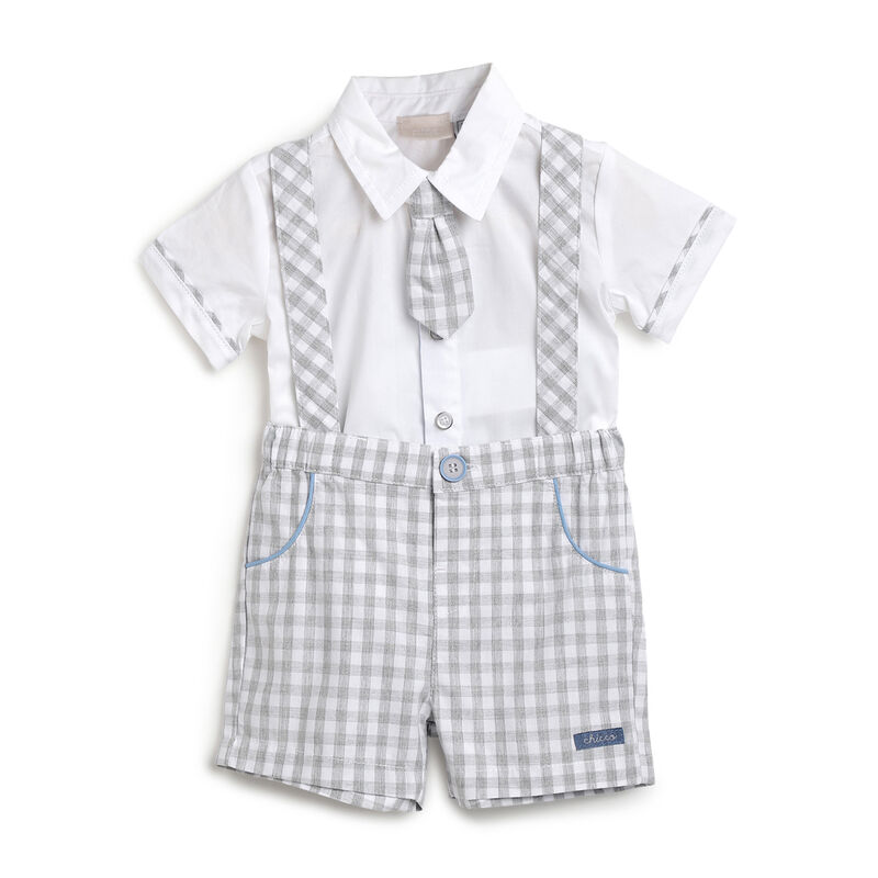 Boys Medium Grey Checkered Outfit with Short Pants image number 0